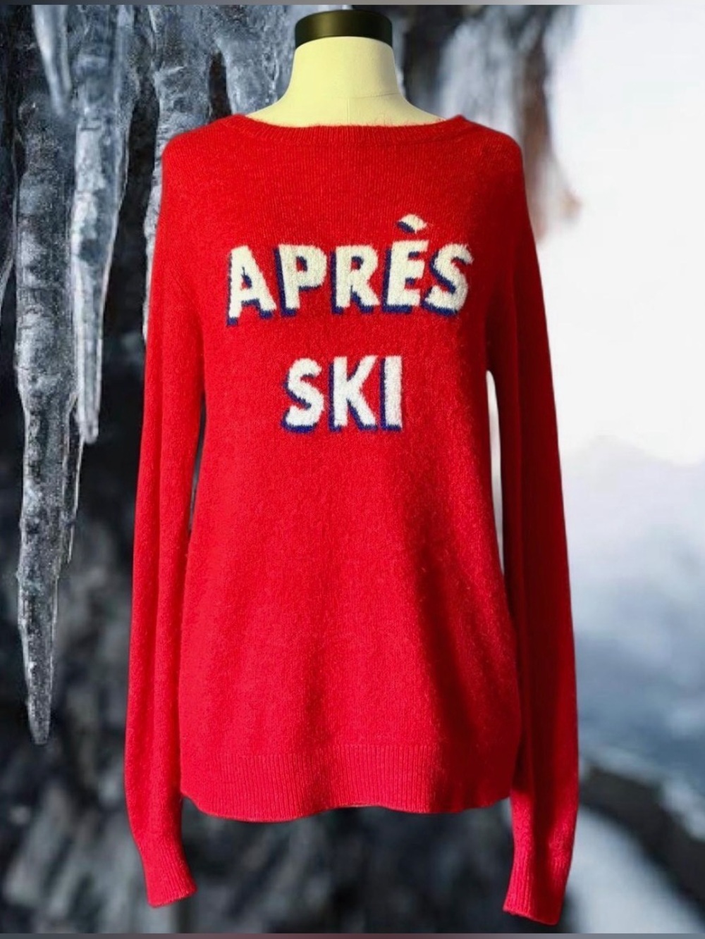 H&M Red Après Ski Sweater Size XS Words Phrase Fuzzy Cute Winter Cute Resort